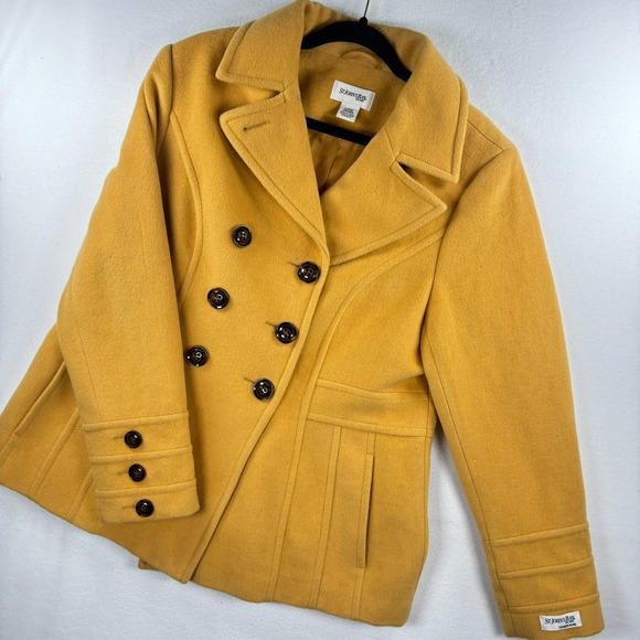 St. Johns Bay Pea Coat Womens SZ L Deep Yellow Classic Double Breasted Buttons - Picture 2 of 10
